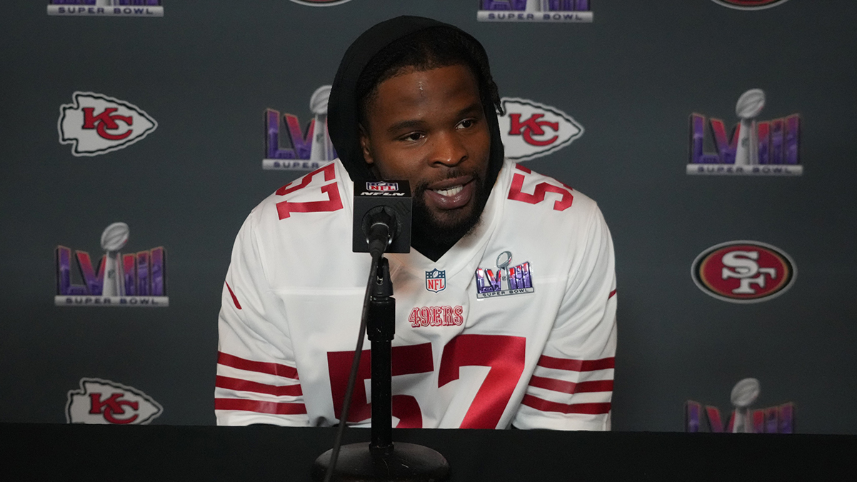 San Francisco 49ers linebacker Dre Greenlaw (57) during a press conference before Super Bowl LVIII at the Hilton Lake Las Vegas Resort.