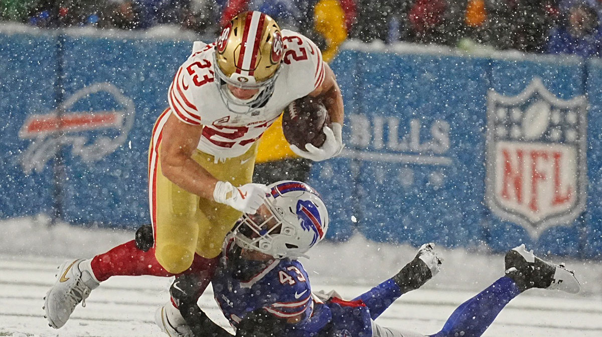 Bills Terrel Bernard tackles 49ers Christian McCaffrey during first half action of their home game against the San Francisco 49ers in Orchard Park on Dec. 1, 2024.