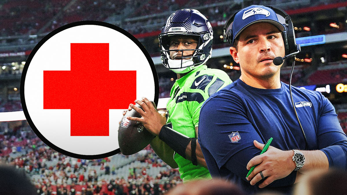 Seattle Seahawks coach Mike Macdonald and Geno Smith in a Seahawks uniform with a red and white first aid symbol as Smith was injured in Week 15 and the smith injury looms large for the seahawks.