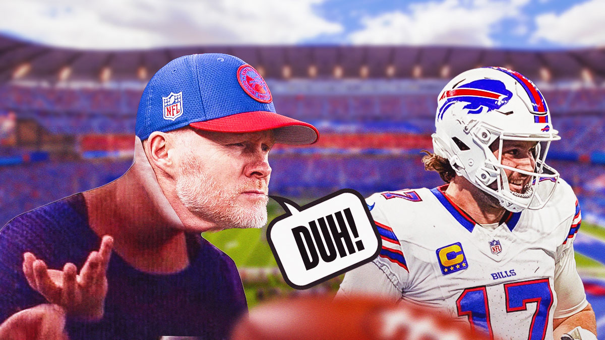 Bills HC Sean McDermott looking surprised with a speech bubble above his head saying, "DUH" looking at QB Josh Allen.