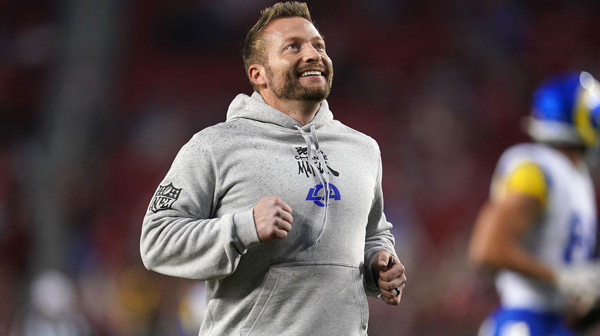 Dec 12, 2024; Santa Clara, California, USA; Los Angeles Rams head coach Sean McVay jogs on the field before the start of the game against the San Francisco 49ers at Levi's Stadium.