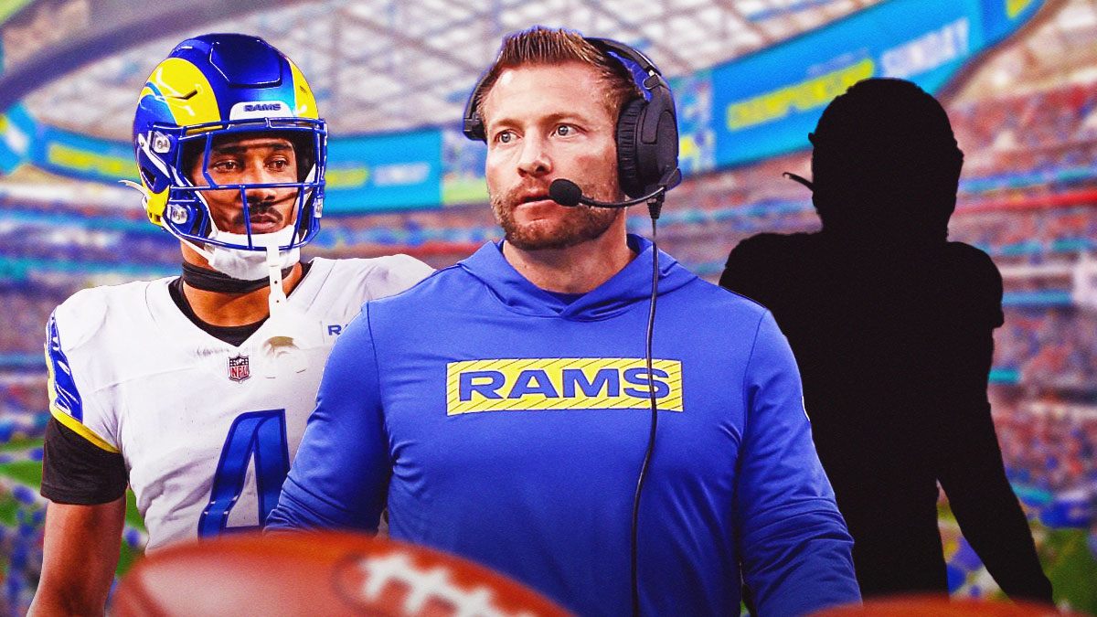 Sean McVay in the middle, Ahkello Witherspoon on the left, and the blacked-out silhouette of Emmanuel Forbes in front of the Rams stadium.