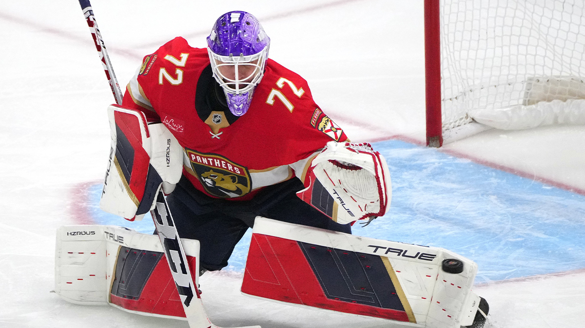 Florida Panthers goaltender Sergei Bobrovsky (72) makes a save in the third period against the Colorado Avalanche at Amerant Bank Arena.