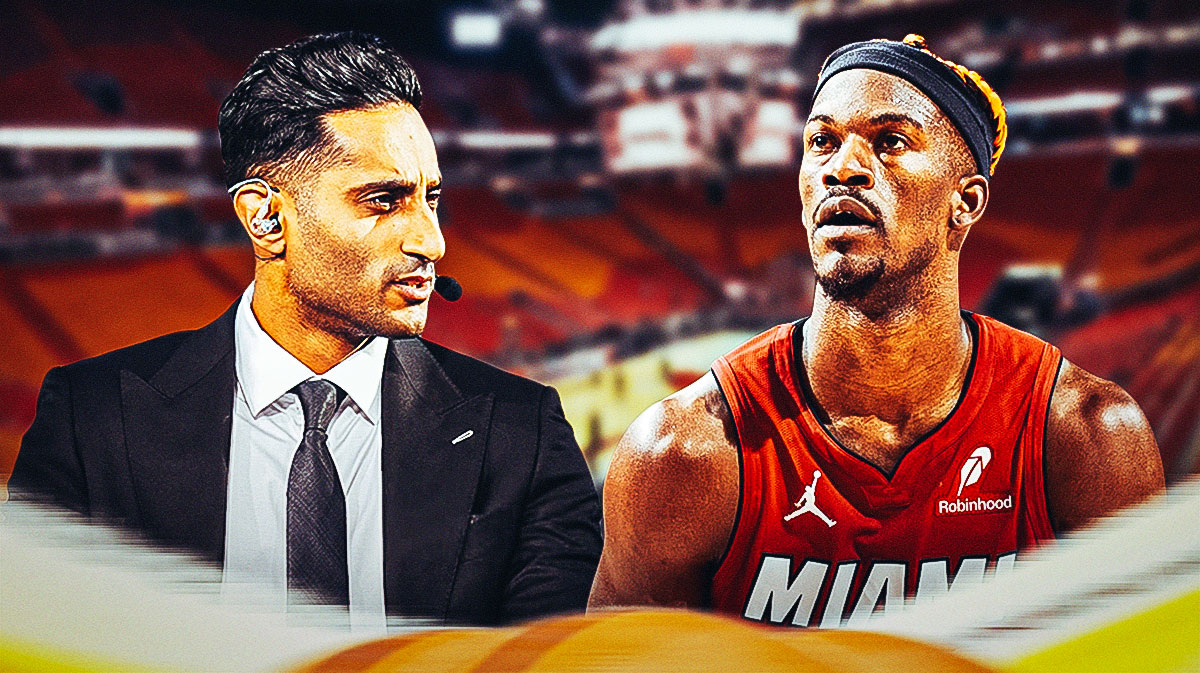 Shams Charania and Miami Heat star Jimmy Butler in front of Kaseya Center.