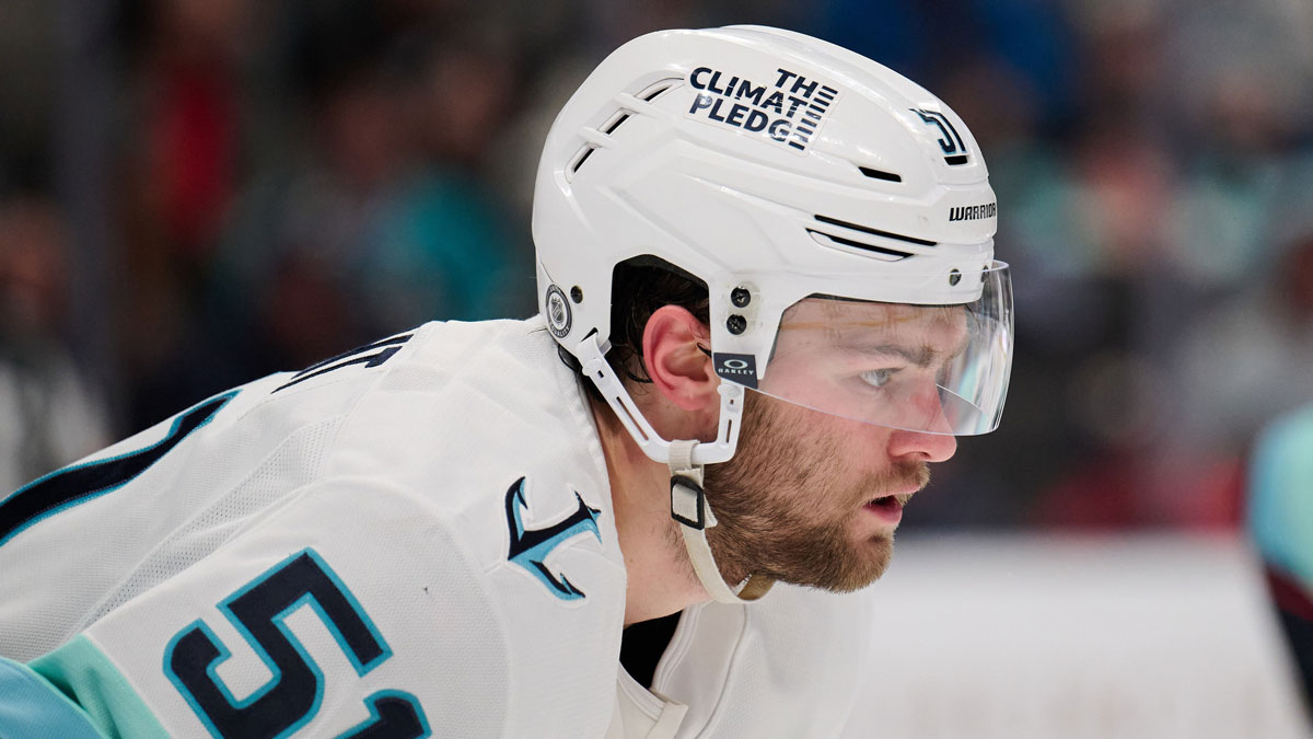 Seattle Kraken center Shane Wright (51) waits for a faceoff against the San Jose Sharks during the second period at SAP Center at San Jose.