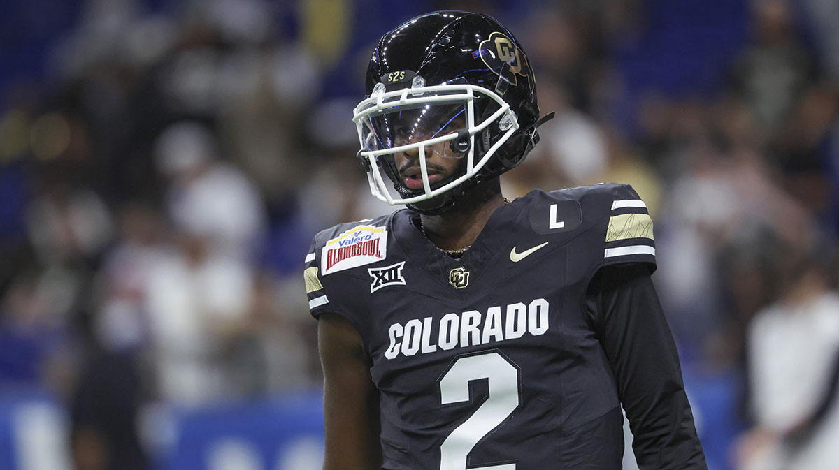 Colorado Buffaloes quarterback Shedeur Sanders (2) warms up before the game against the Brigham Young Cougars at Alamodome.