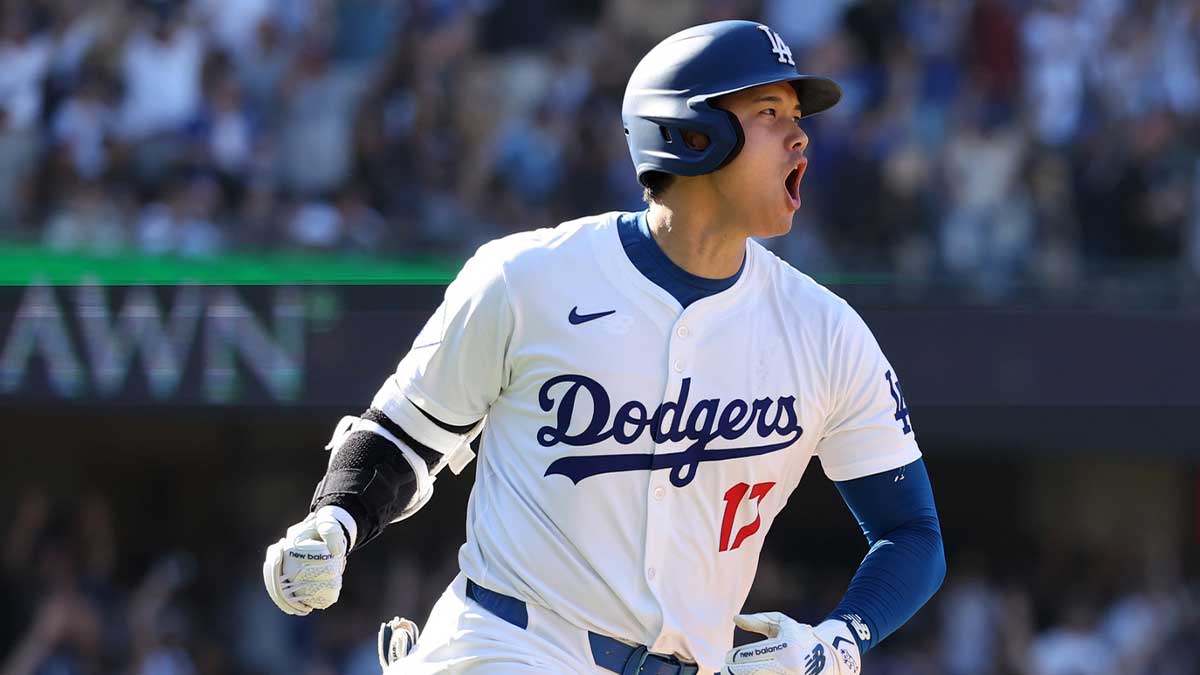 Los Angeles Dodgers designated hitter Shohei Ohtani (17) celebrates on a game tying solo home run during the ninth inning against the Colorado Rockies at Dodger Stadium.