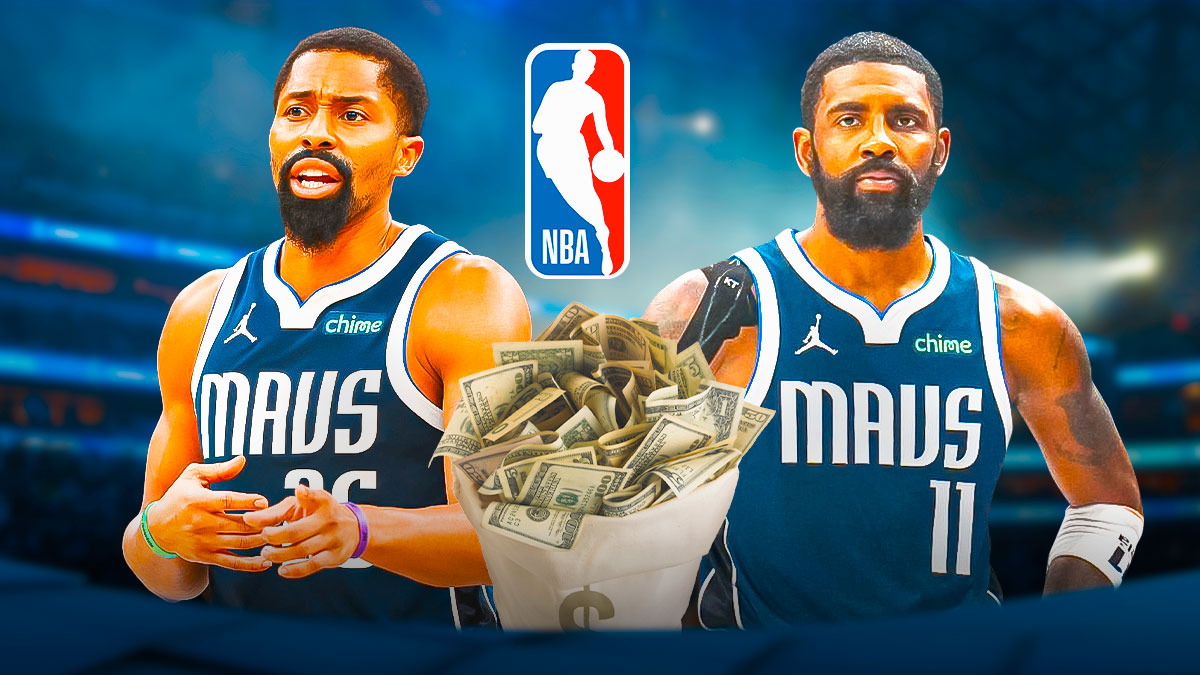 Mavericks guard Spencer Dinwiddie next to Mavericks guard Kyrie Irving with a bag of cash between them and the NBA logo in the background