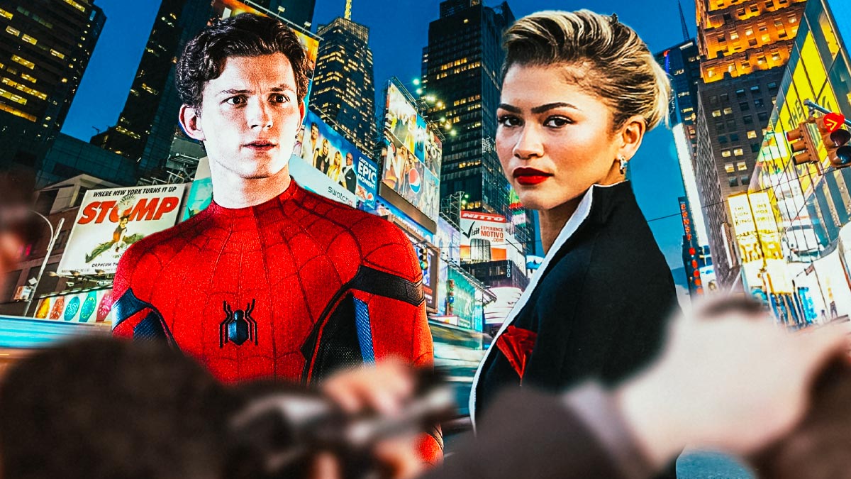 Stars of the upcoming Marvel Cinematic Universe, MCU, movie Spider-Man 4 Tom Holland and Zendaya with Times Square background.