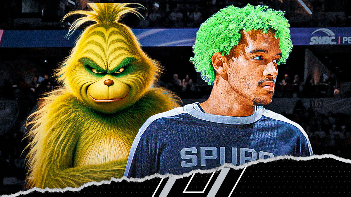 Spurs' Jeremy Sochan recent image (that features his green hair); image of the Grinch