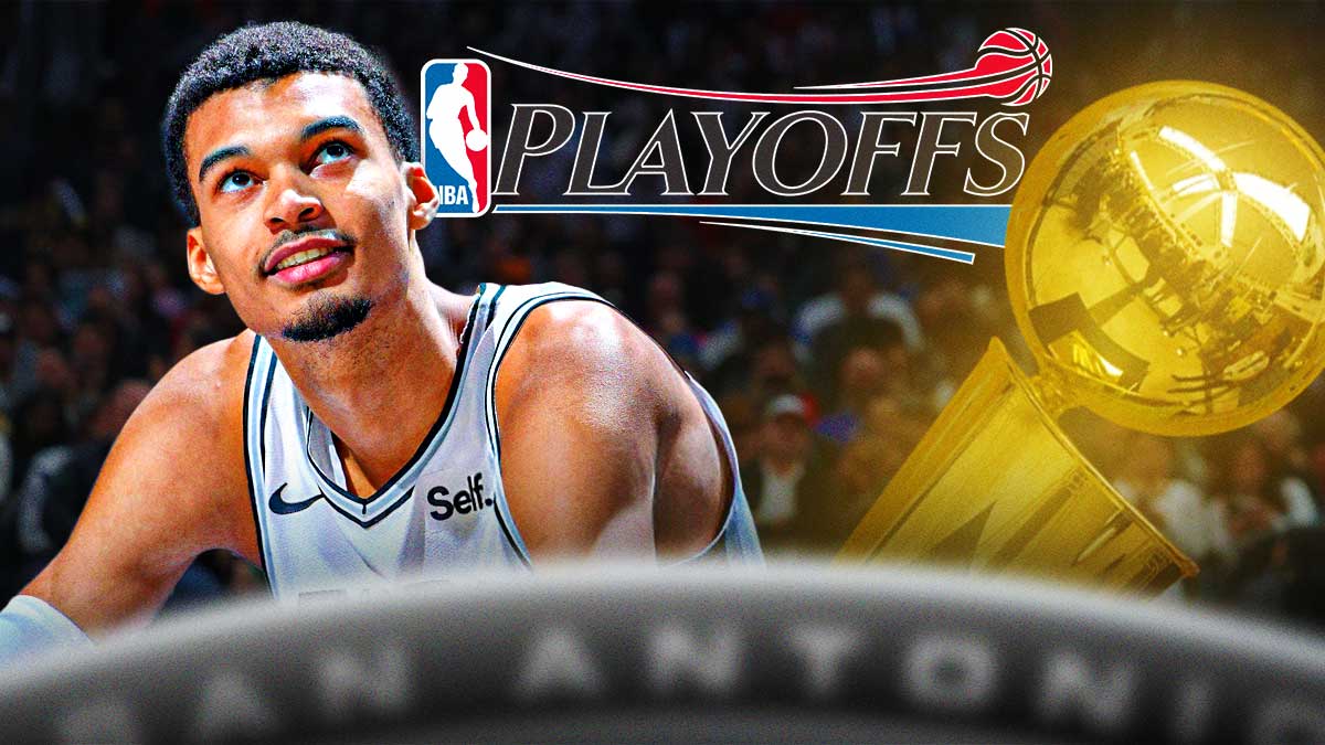 Spurs Victor Wembanyama looking motivated, NBA logo, (an image that indicates playoffs), Larry O'Brien Trophy image