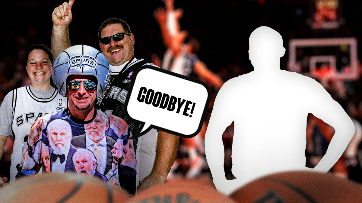 A bunch of San Antonio Spurs fans on one side with a speech bubble that says "Goodbye!" a silhouette of Keldon Johnson on the other side