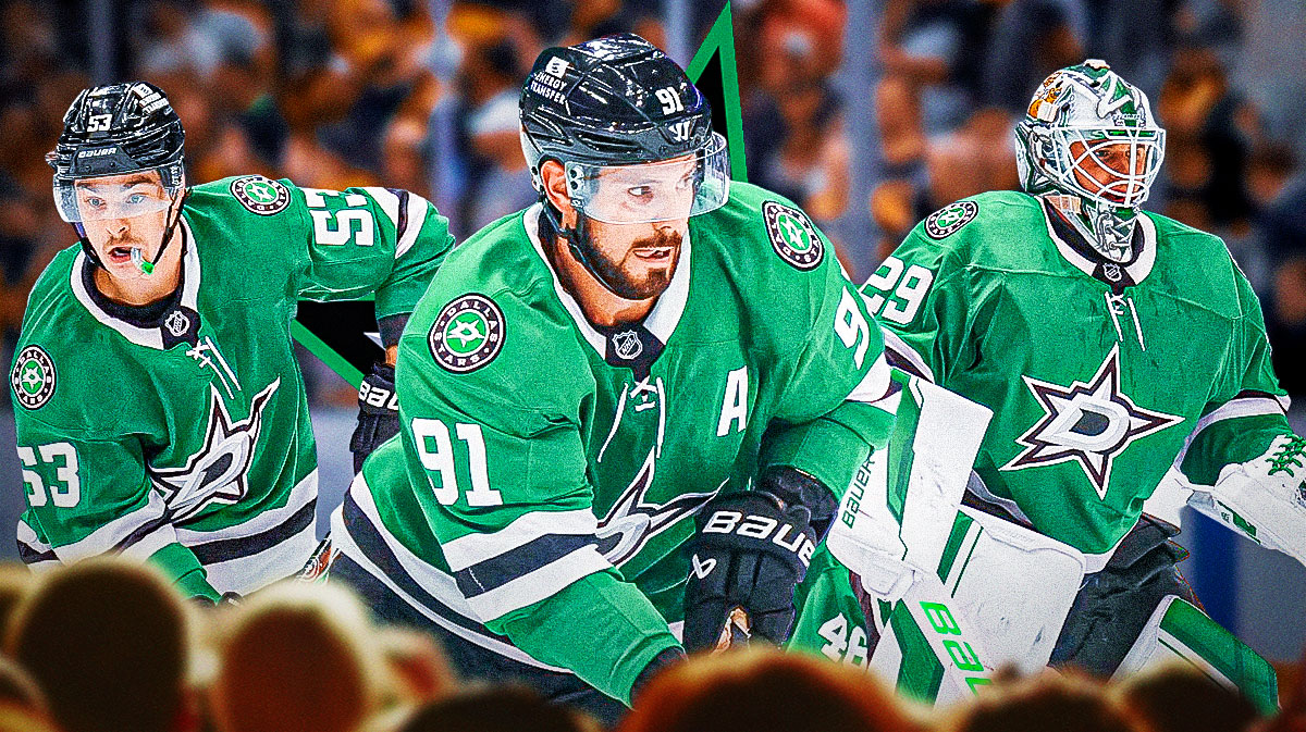 Tyler Seguin in middle looking stern, Wyatt Johnston on one side, Jake Oettinger on other side, Dallas Stars logo, hockey rink in background