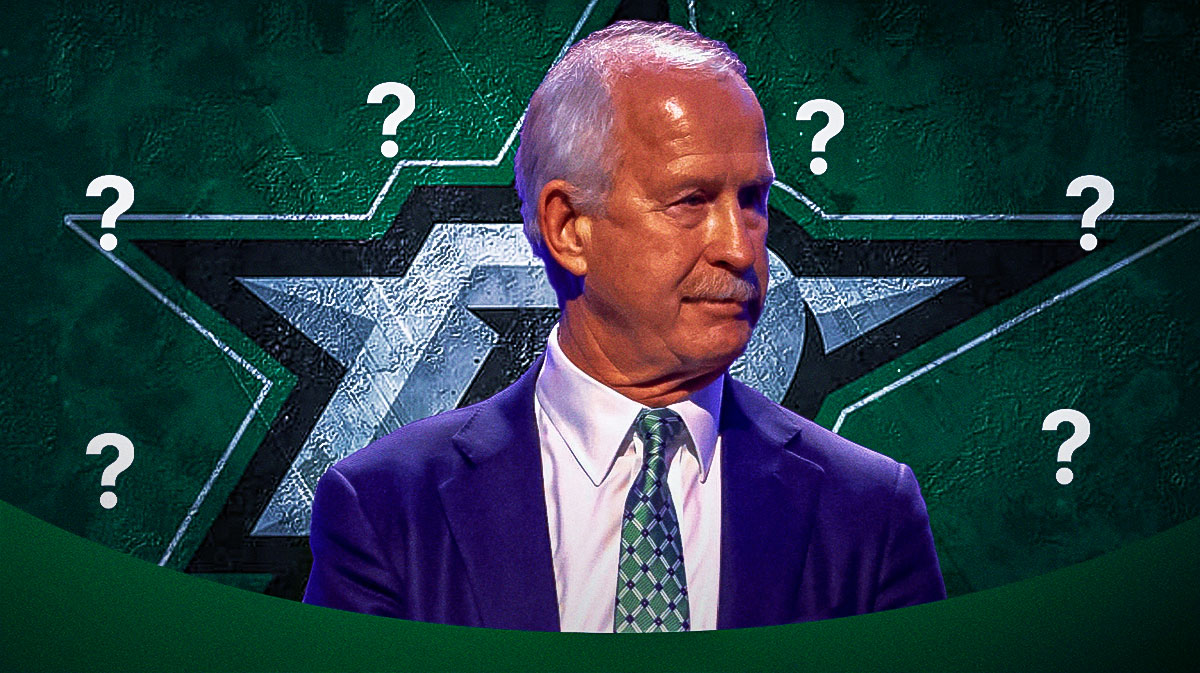 Dallas Stars GM Jim Nill looking thoughtful, 3-5 question marks, Dallas Stars logo, hockey rink in background