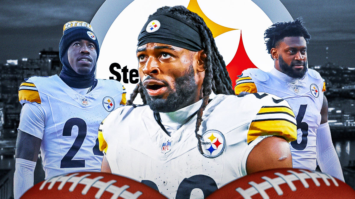 Najee Harris in the middle, Patrick Queen, Joey Porter around him, Pittsburgh Steelers wallpaper in the background