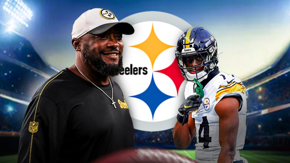 Mike Tomlin beside George Pickens. Steelers logo in the background.