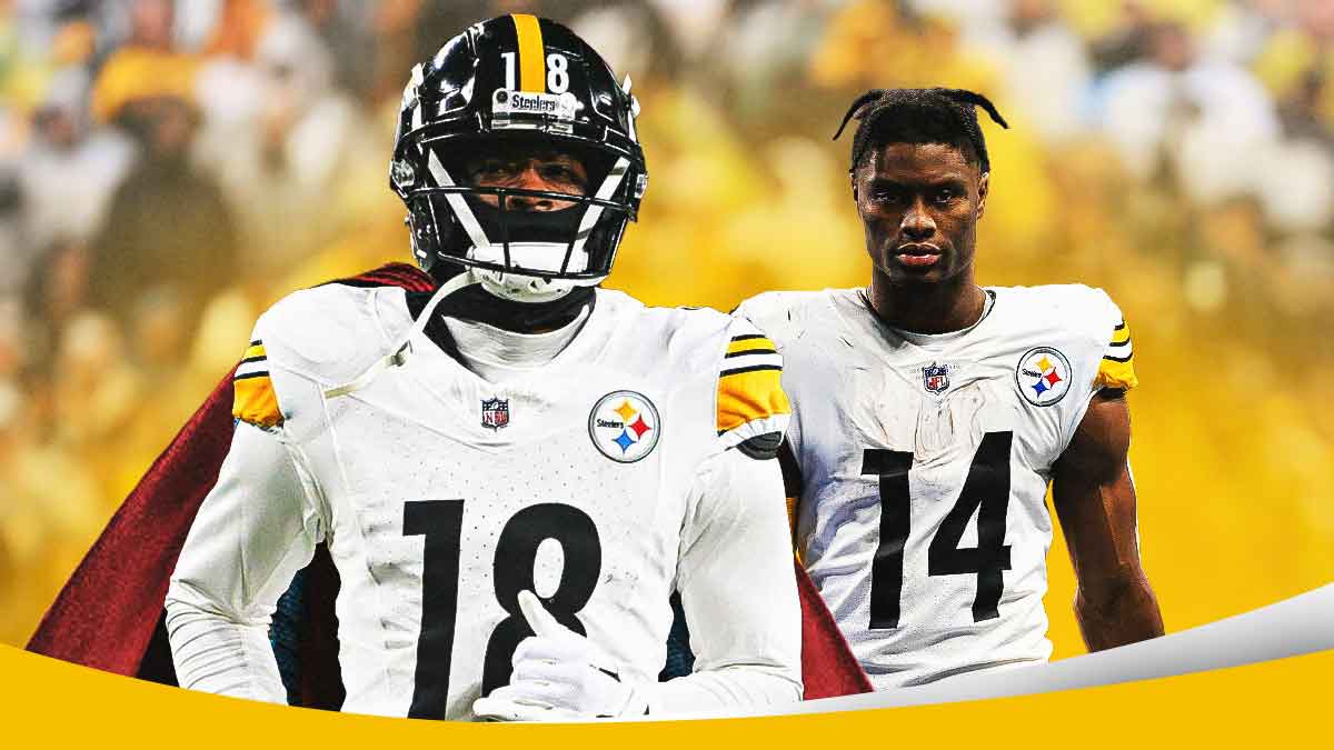 Mike Williams in a Pittsburgh Steelers uniform wearing a Superman cape with George Pickens in a Steelers uniform in the background with a red and white first aid symbol on him as Williams wants to step up with Pickens injured and the team set to face the eagles.