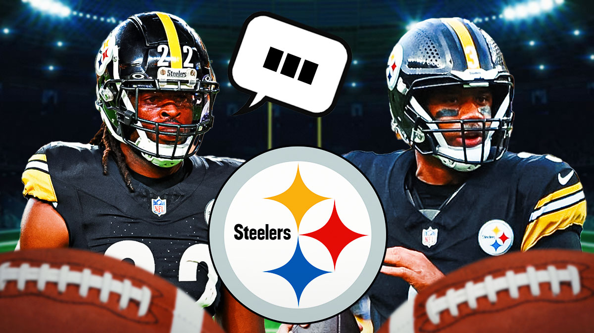 Pittsburgh Steelers running back Najee Harris with a speech bubble that has the three dots emoji inside. He is next to Steelers QB Russell Wilson. There is also a logo for the Pittsburgh Steelers.