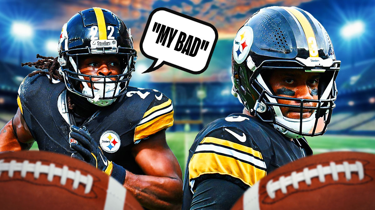 Najee Harris on the left with a "my bad" cartoon text bubble, next to disappointed QB Russell Wilson