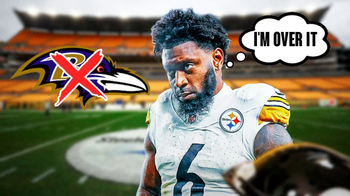 Steelers linebacker Patrick Queen with a thought bubble that says "I'm over it" and a red X through the Ravens logo