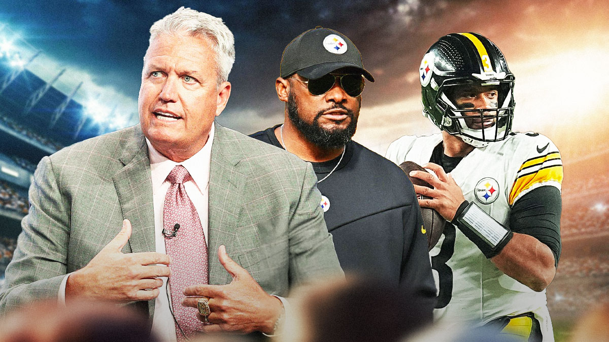 Rex Ryan yelling/looking angry with Pittsburgh Steelers coach Mike Tomlin and Russell Wilson in a Pittsburgh Steelers uniform as Ryan doesn't believe in the Steelers.