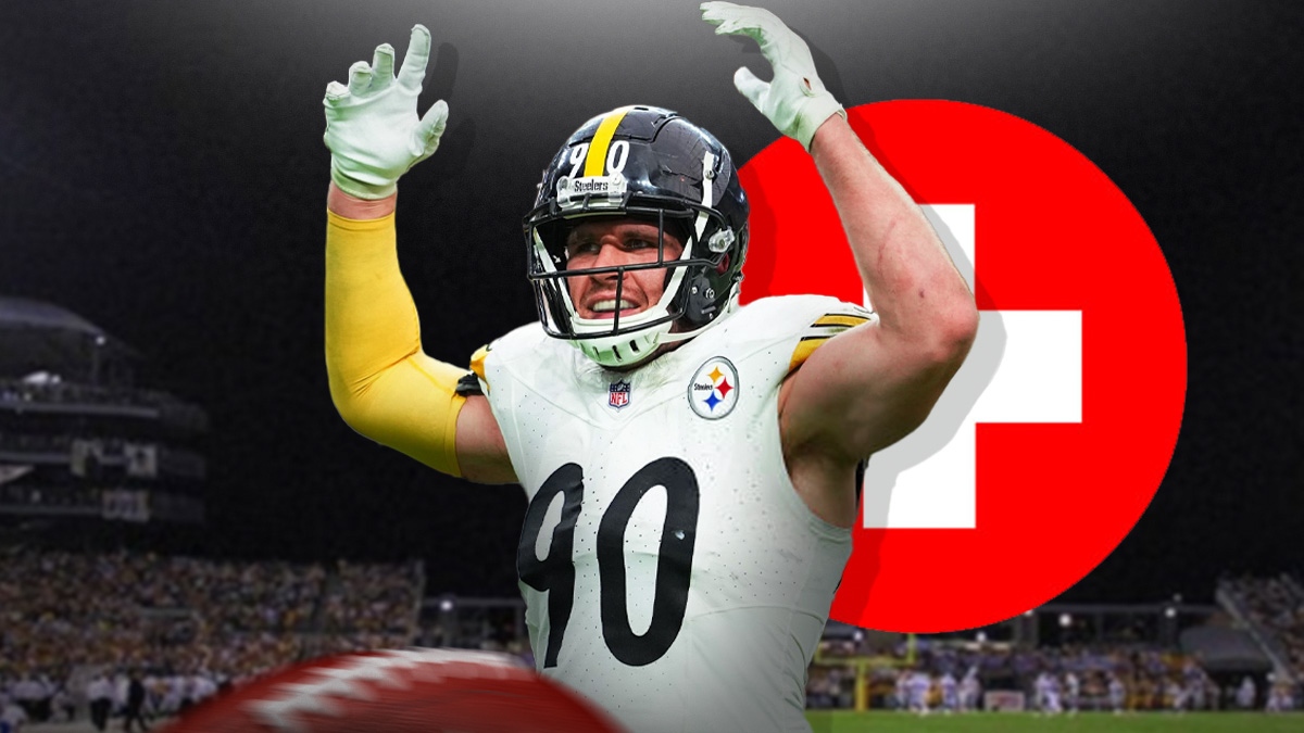 TJ Watt shrugging with a first aid logo in the corner. Inside of Acrisure stadium.
