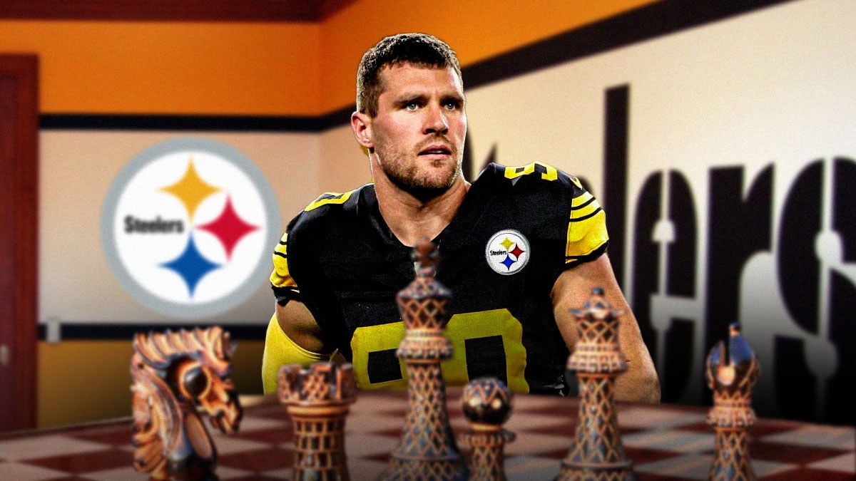 Steelers' TJ Watt playing chess next to Steelers logo