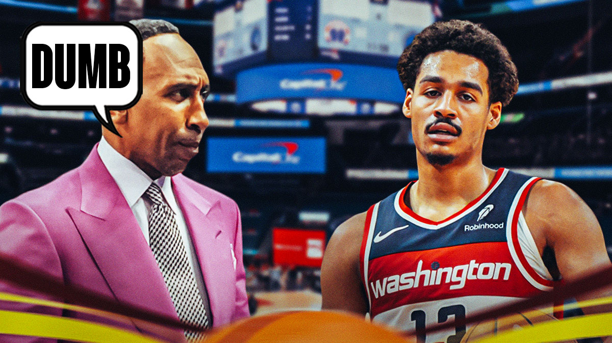 Stephen A Smith with a thought bubble that says "Dumb" with Wizards guard Jordan Poole next to him