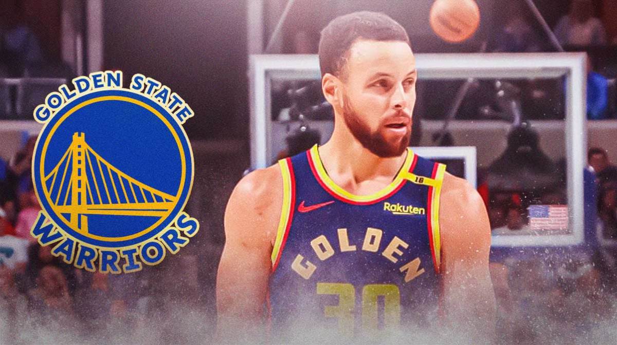 Golden State Warriors player Stephen Curry with the Warriors logo in the background, Grizzlies