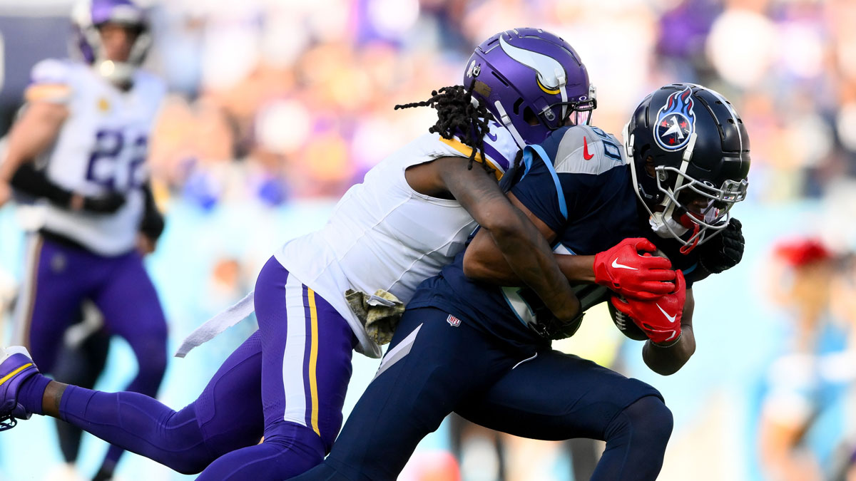 Minnesota Vikings cornerback Stephon Gilmore (2) tackles Tennessee Titans wide receiver Bryce Oliver (80) during the first half at Nissan Stadium.