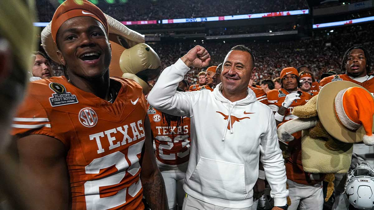 Texas Longhorns head coach Steve Sarkisian celebrates after defeating the Clemson Tigers in the first round of the College Football Playoffs at Darrell K Royal-Texas Memorial Stadium.