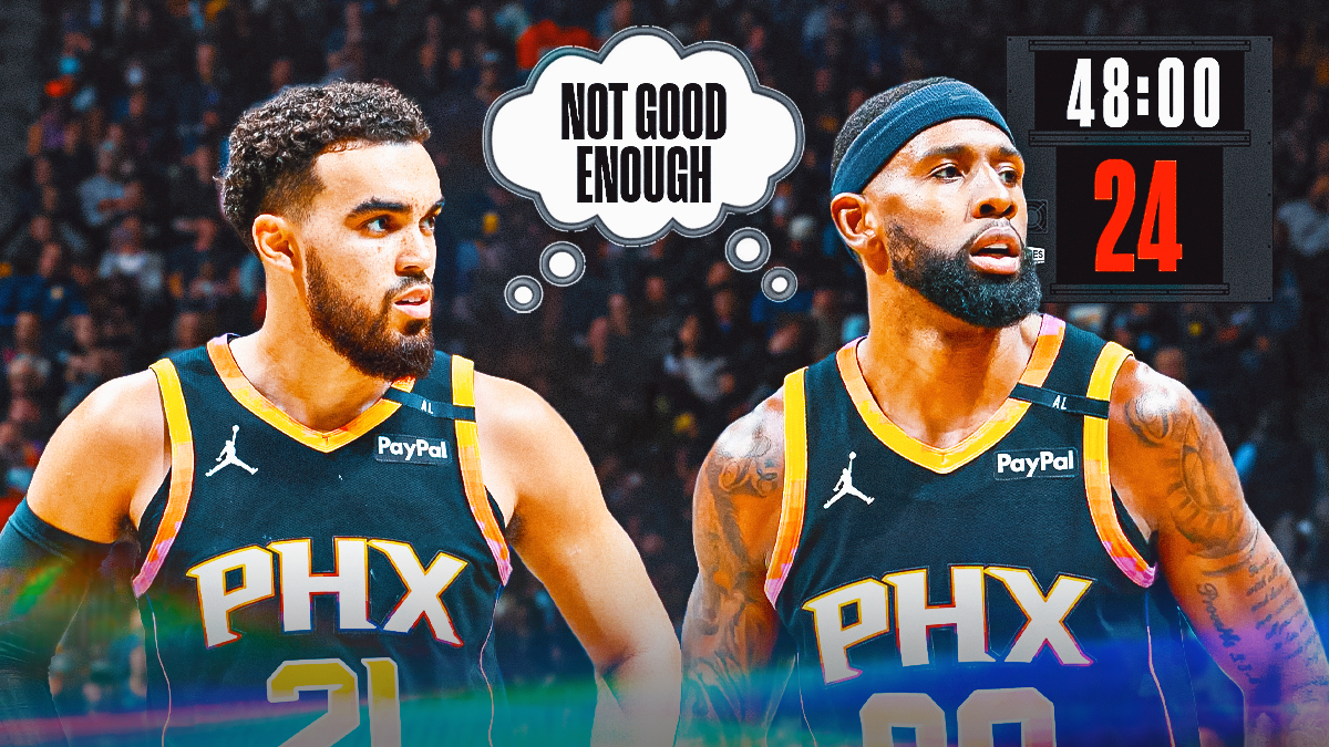 Phoenix Suns players Tyus Jones and Royce O'Neale with a collective thought bubble that says "Not good enough" with an NBA shot clock that has 48 minutes on it, and the Suns logo in the background