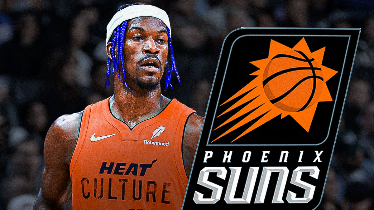 Jimmy Butler next to Suns logo