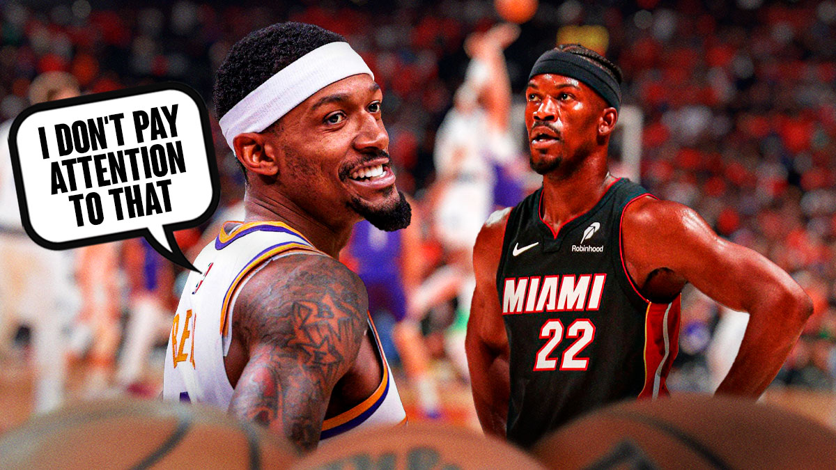 Bradley Beal with a thought bubble that says "I don't pay attention to that" and Jimmy Butler in a Miami Heat jersey next to him. There are also question marks surrounding Beal and Butler