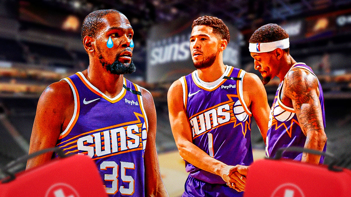 Suns forward Kevin Durant with a tear emoji running down his eye, with Bradley Beal and Devin Booker having first aid-kits around them, and the Footprint Center in the background behind them
