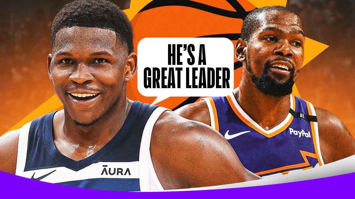 Anthony Edwards with a thought bubble that says "He's a great leader" and a picture of Suns forward Kevin Durant next to him. The Suns logo is in the background, along with a background of the Footprint Center
