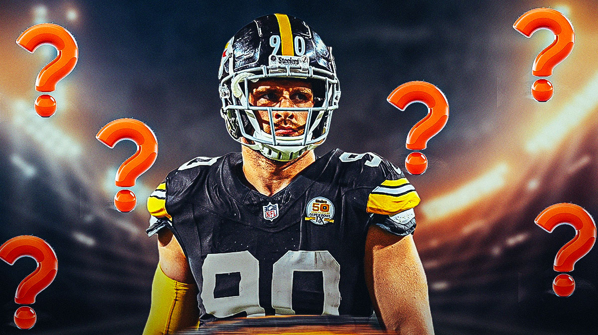 Steelers' TJ Watt standing next to the Defensive Player of the Year award with question marks around him
