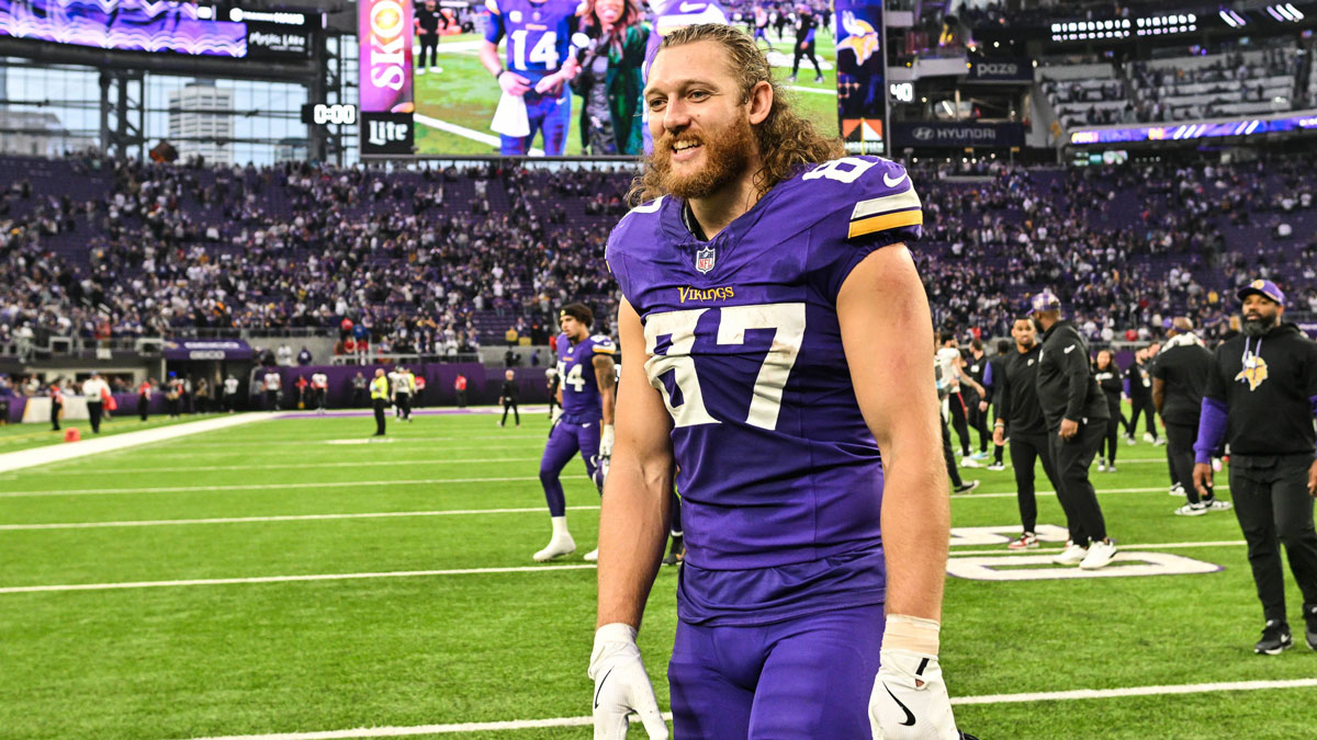 Minnesota Vikings tight end T.J. Hockenson (87) walks off the field after the game against the Atlanta Falcons at U.S. Bank Stadium.