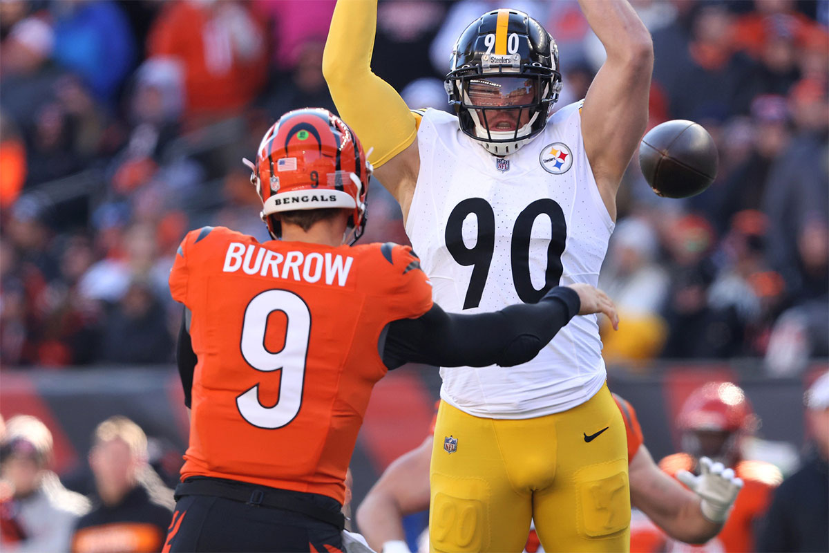 Pittsburgh Steelers linebacker T.J. Watt (90) attempts to block the pass from Cincinnati Bengals quarterback Joe Burrow (9) during the first quarter at Paycor Stadium.