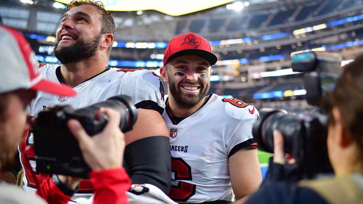 Tampa Bay Buccaneers quarterback Baker Mayfield (6) celebrates the victory against the Los Angeles Chargers at SoFi Stadium.