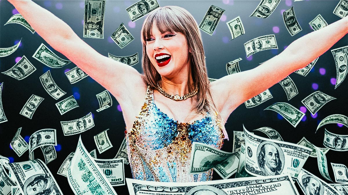 Taylor Swift on the Eras Tour with money all around her to signify the bonuses she gave out to her crew.