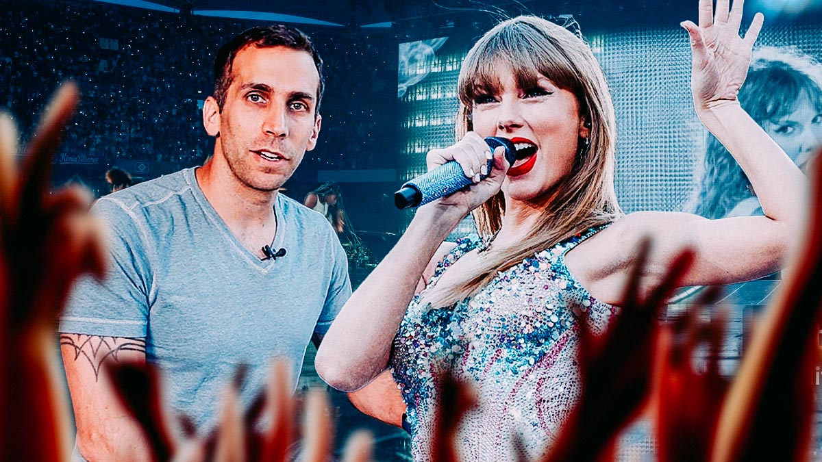 Amos Heller, bassist on the Eras Tour, and Taylor Swift with stage background.