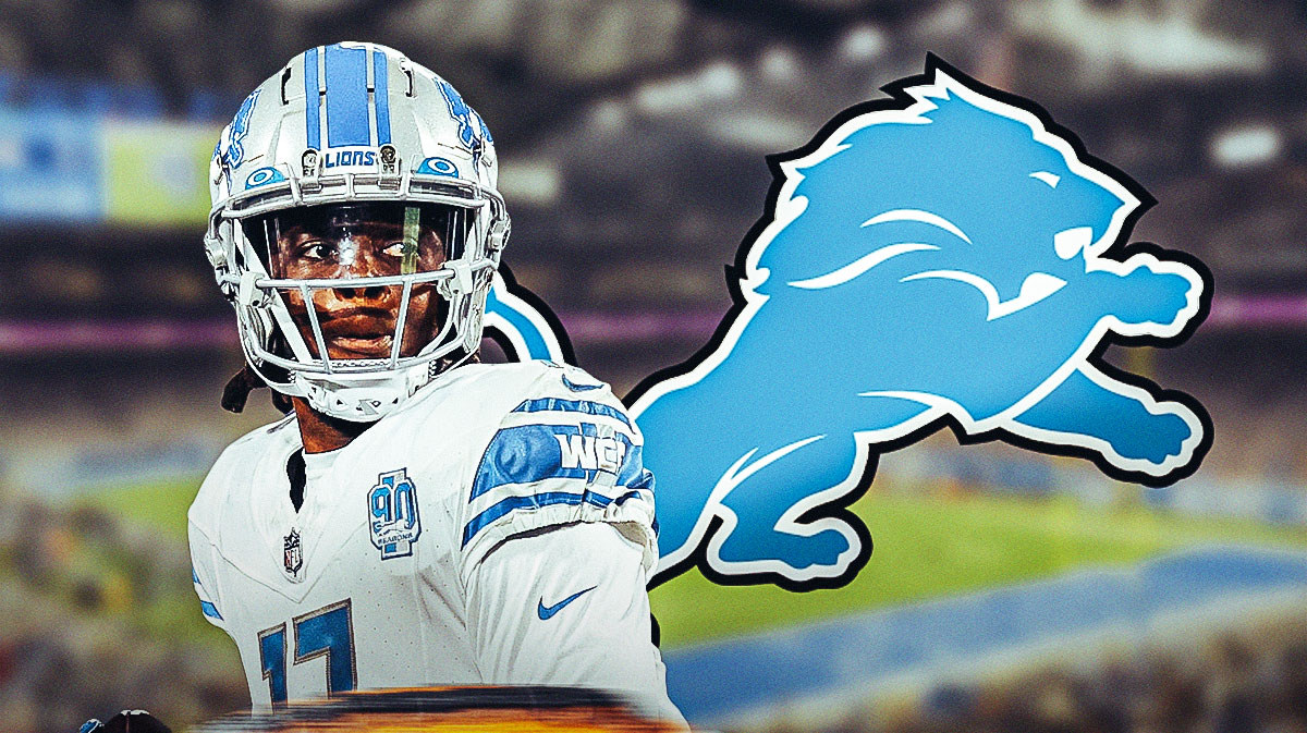 Teddy Bridgewater in a Detroit Lions 2024 jersey. Detroit Lions 2024 logo somewhere in image.