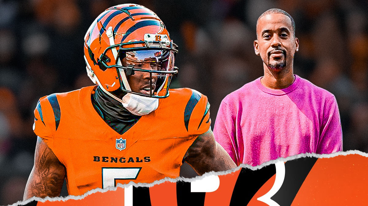 Tee Higgins beside David Mulugheta with a design like a torn paper beside them.