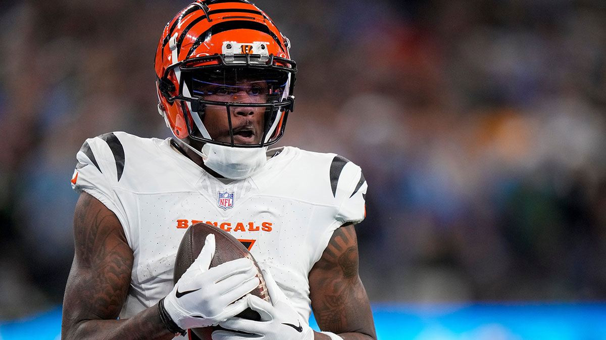 Cincinnati Bengals wide receiver Tee Higgins (5) catches a deep pass for a touchdown in the third quarter of the NFL Week 11 game between the Los Angeles Chargers and the Cincinnati Bengals at SoFi Stadium in Inglewood, Calif., on Sunday, Nov. 17, 2024. The Chargers won 34-27.