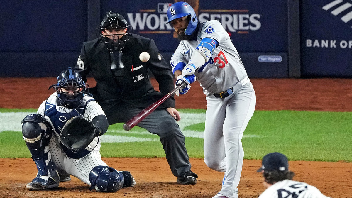 Los Angeles Dodgers outfielder Teoscar Hernandez (37) hits a two RBI double during the fifth inning against the New York Yankees in game four of the 2024 MLB World Series at Yankee Stadium.