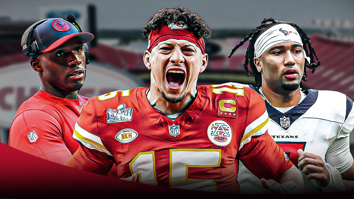 Chiefs Patrick Mahomes celebrating (center) with Texans DeMeco Ryans and Texans CJ Stroud both looking disappointed