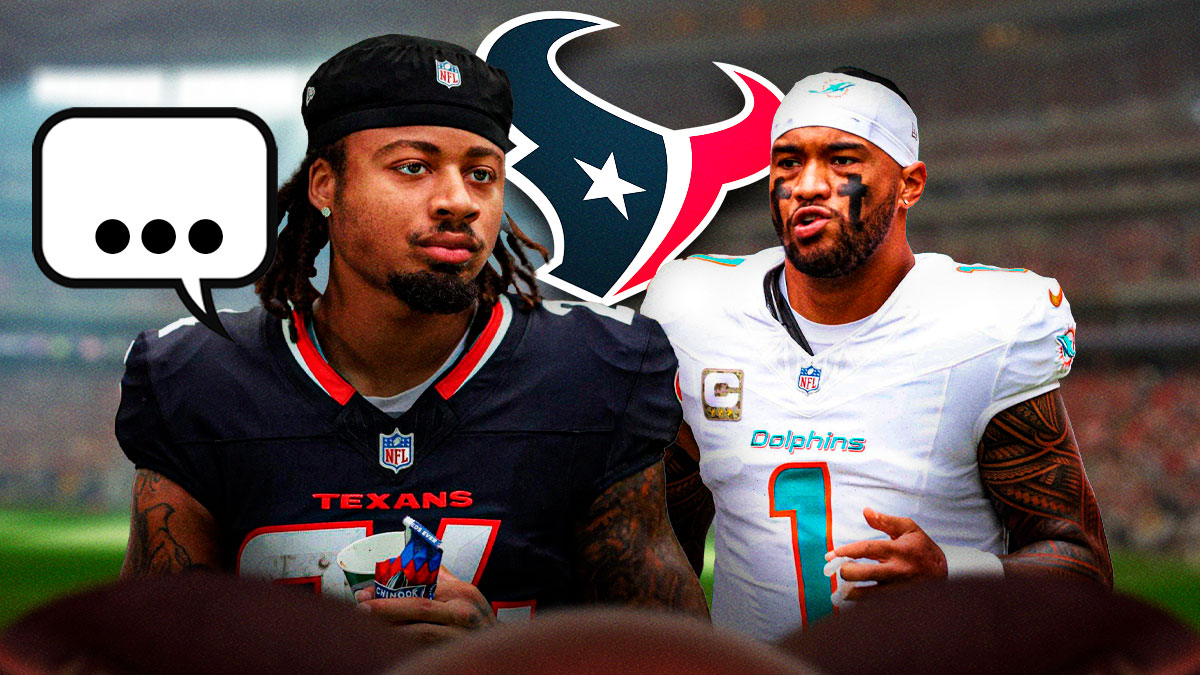 Houston Texans CB Derek Stingley with a speech bubble that has the three dots emoji inside. He is next to Dolphins QB Tua Tagovailoa. There is also a logo for the Houston Texans.