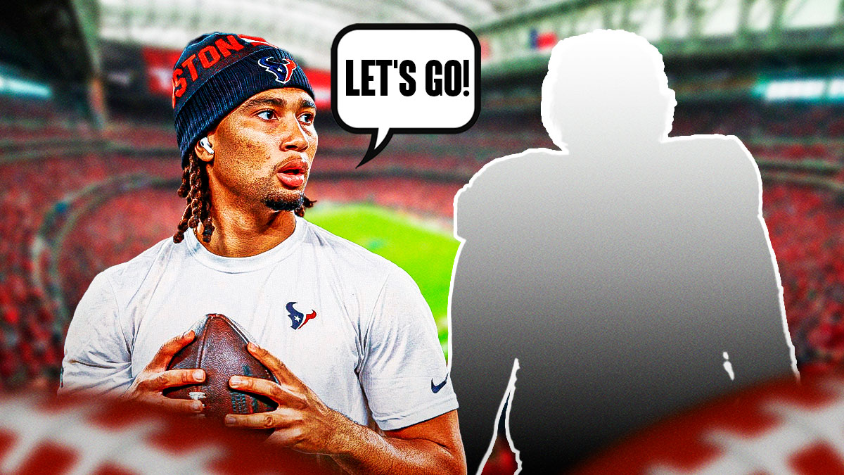C.J. Stroud on one side with a speech bubble that says "Let's go!" a silhouette of a football offensive lineman on the other side