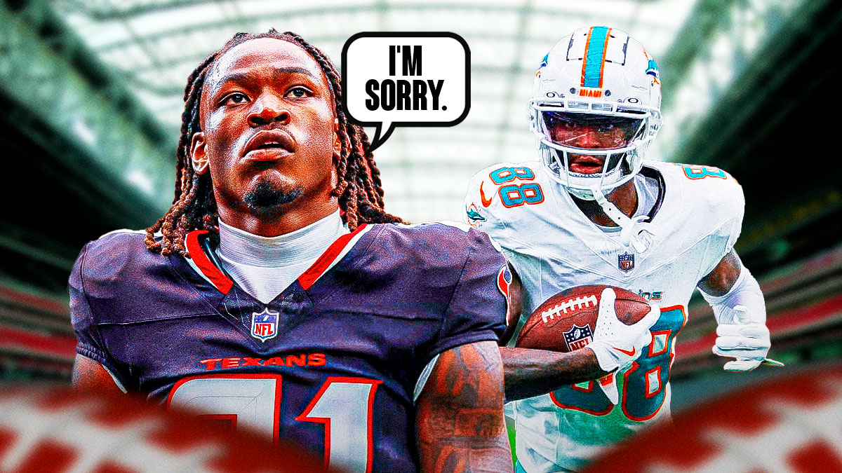 Texans Calen Bullock with a speech bubble over him saying "I'm sorry." Dolphins Grant DuBose behind him